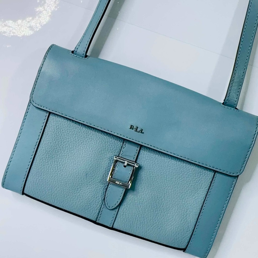 Lauren Ralph Lauren Mullinder Blue Pebble Leather Crossbody Flap Bag Purse LRL